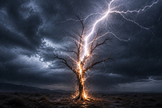 A solitary dead tree struck by lightning in a stormy landscape.