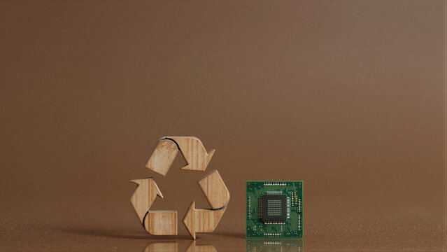 Wooden recycling symbol beside a green circuit board, symbolizing tech sustainability.