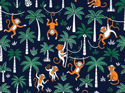 Playful monkeys and tropical palm trees seamless pattern background