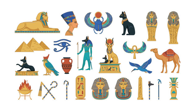 PrintAncient Egyptian symbols vector set with sphinx pyramids pharaoh masks scarab anubis bastet nefertiti gods icons isolated on white background