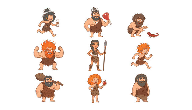 Stone age caveman cartoon characters set with primitive prehistoric people hunters family holding club spear fire meat animal bone apple