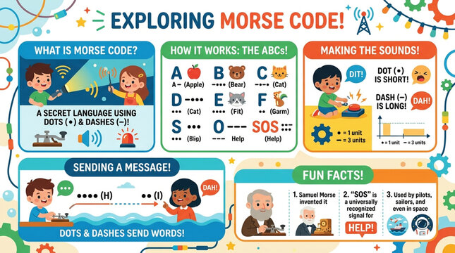 Educational Morse Code Infographic for Kids Learning Secret Communication Language