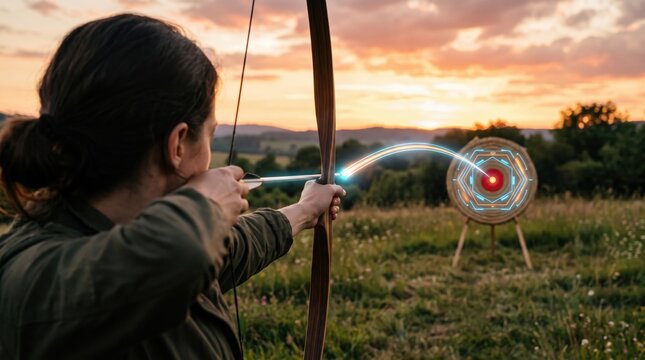 Archer aims at target with futuristic HUD overlay during sunset in a field