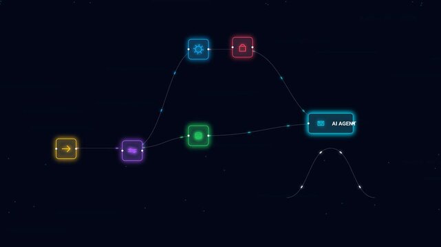 Animated Abstract AI Agent Data Flow Diagram with Neon Digital Icons and Circuit Connection
