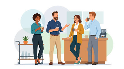 Obraz premium Diverse group of colleagues enjoying coffee break and casual conversation in a modern office setting.