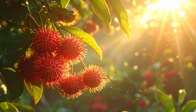 Ripe red rambutan fruit cluster hanging on tree at sunset