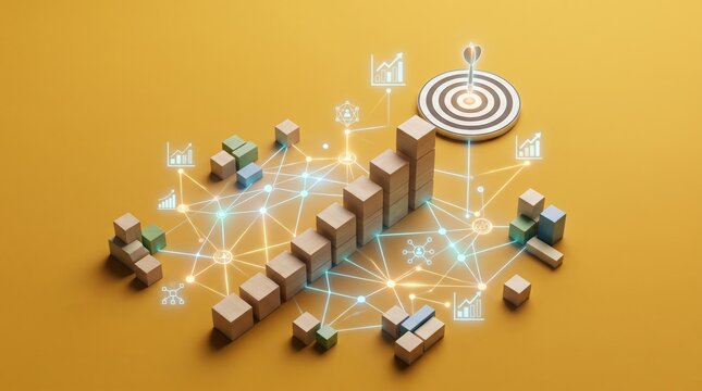Business growth and strategy visualized with blocks, charts, and target