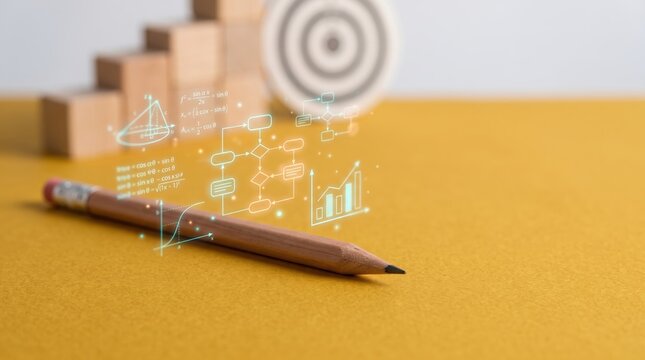 Pencil with glowing mathematical formulas and flowchart on yellow background