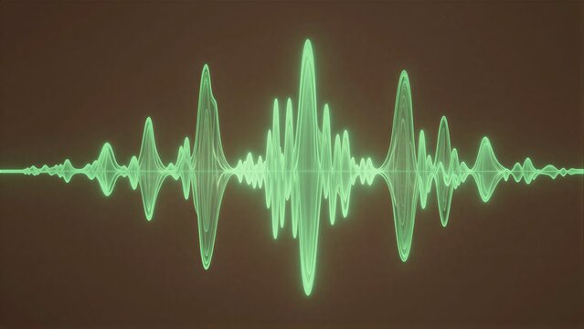Green audio waveform pulses against a dark brown background, symbolizing sound's rhythm.
