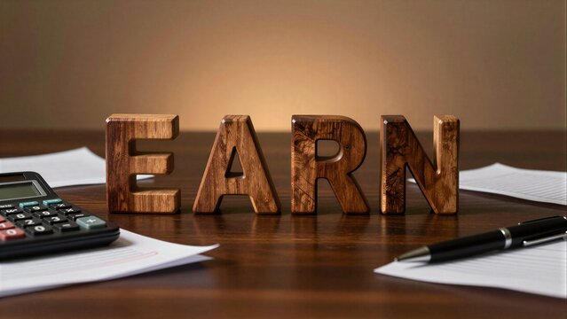 A wooden word  EARN  spelled out on a dark wooden surface with financial tools.