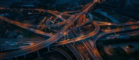 Aerial Night View of Highway Interchange Light Trails © toheartlove
