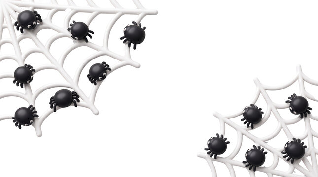 Cute black plastic toy spiders crawl across white spider webs creating a fun Halloween themed layout with adorable scary creepy crawly insect characters arranged decoratively