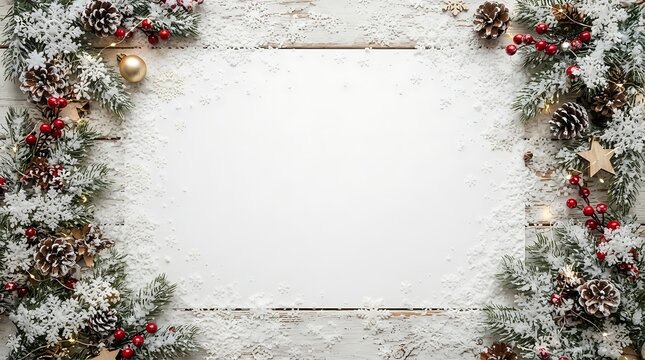 A festive holiday background with a snowy white wooden frame decorated with Christmas greenery, pinecones, and ornaments.