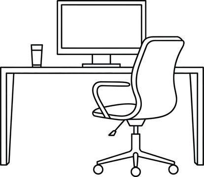 Office desk icon with computer chair monitor glass workplace furniture linear vector symbol outline design