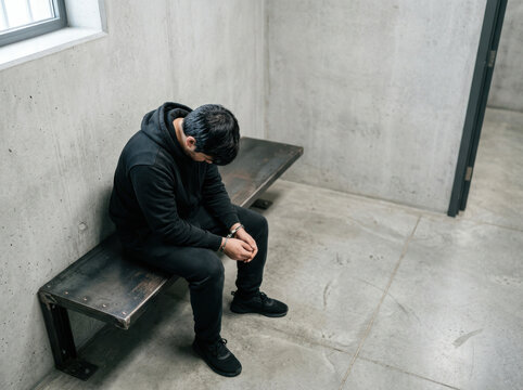 Man in handcuffs sitting on bench in holding cell with concrete walls and floor, feeling regret and sadness