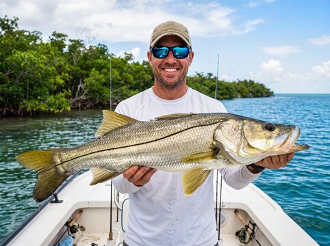 Successful fisherman holding a big snook fish on a boat during a sunny day trip
