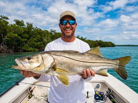 Happy fisherman holding a large snook catch on a boat in sunny weather