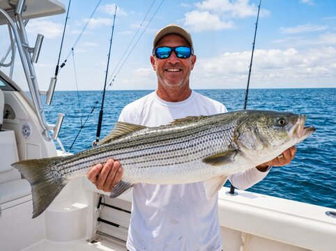 Cheerful fisherman posing with a big striped bass catch on a boat