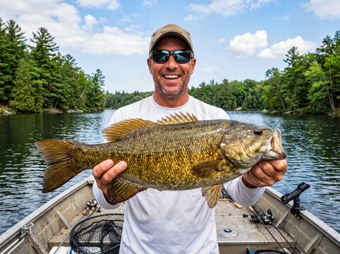 Happy fisherman smiling while proudly holding a large caught bass