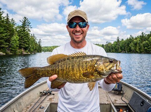 Happy fisherman smiling while proudly holding a large caught bass on a boat