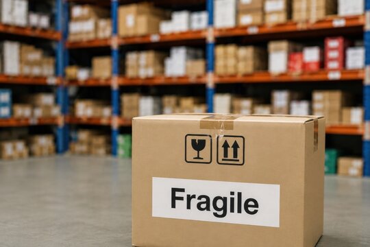 Cardboard Box with Fragile Warning Sticker on Warehouse Floor Shelves
