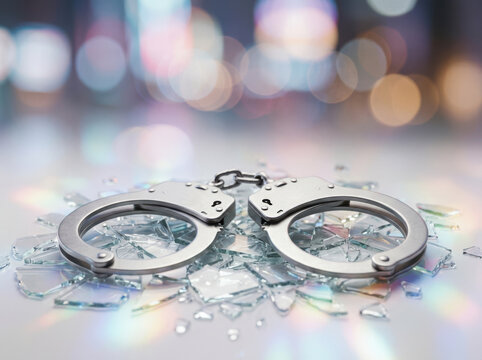 Handcuffs on shattered glass with colorful bokeh light background, symbolizing crime and justice concept