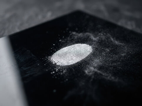 Latent fingerprint revealed on black surface with powder particles scattered around, showing detailed spiral pattern clearly