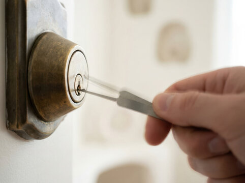 Lock picking tool inserted into old brass door lock with hand holding it carefully