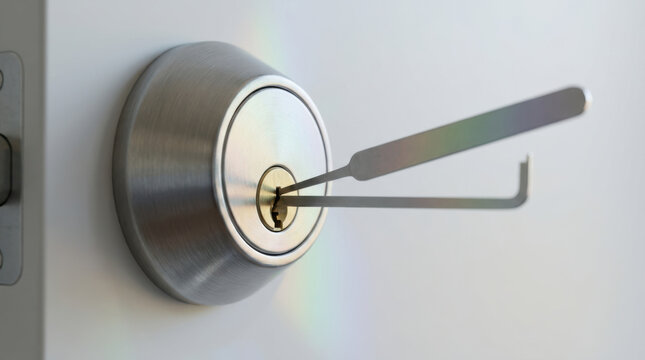 Lock picking tools inserted into silver deadbolt lock on white door with subtle rainbow reflection