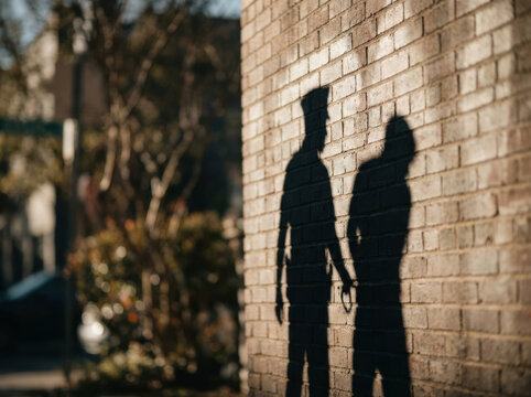 Shadow of police officer cuffing suspect on brick wall in urban setting with blurred background