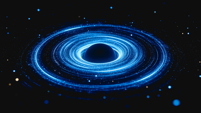 A digital illustration of a black hole surrounded by a bright, blue glowing accretion disk in deep space, with scattered stars in the background.