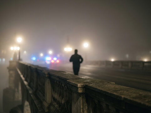 Silhouette running across bridge at night with street lights and fog creating mysterious and calm atmosphere