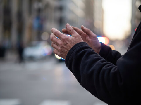 Suspect holding hands up in dark jacket on city street with blurred police lights in background