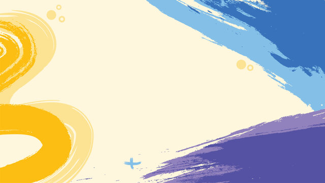 Abstract paintbrush stroke background vector with yellow, blue, and purple paint texture, swirls, and copy space for creative presentation template.