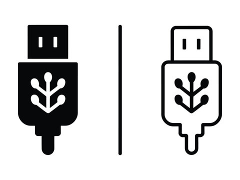 Outline and black fill icon set representing a usb cable connector with connector

