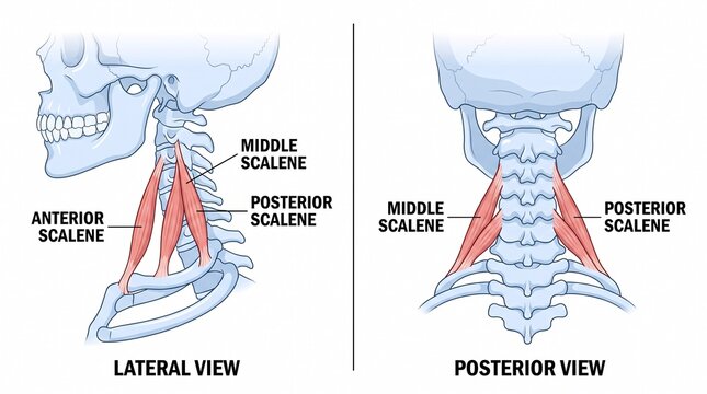 Anatomical diagram of human scalene muscles in side and back views