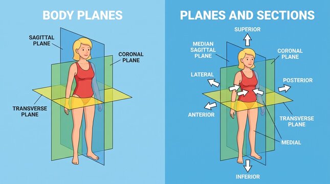 Human body planes and anatomical sections educational illustration