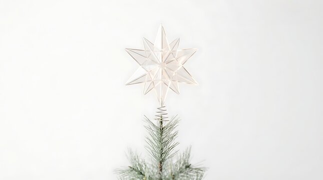A clear glass star tree topper sits on the top of a green pine tree branch with simple light background star ornament metallic metallic coil base