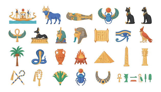 Ancient Egyptian mythology and history vector icon set featuring pharaoh pyramid anubis scarab eye of horus sphinx and hieroglyphs