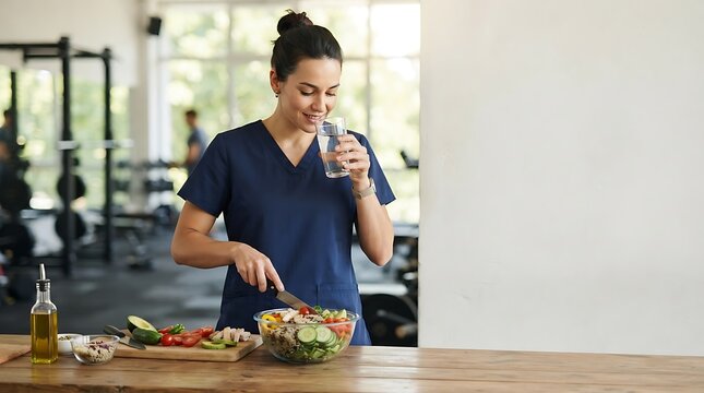 Woman in blue scrubs drinking water while preparing a fresh vegetable salad in a gym with fresh vegetables chicken counter inside fitness glass water wooden