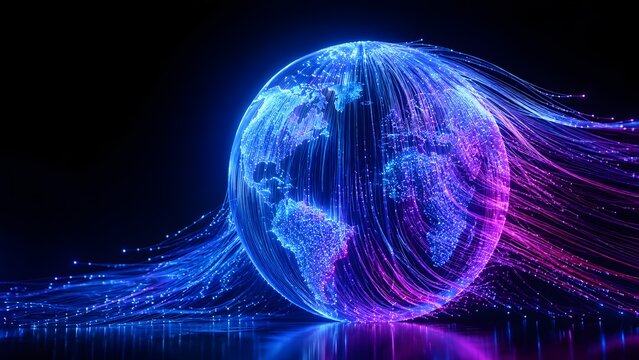 Abstract digital glowing earth globe with high speed blue and pink fiber optic light trails representing global network communication