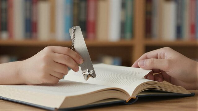 Hand holds metallic star bookmark above open book in library setting.