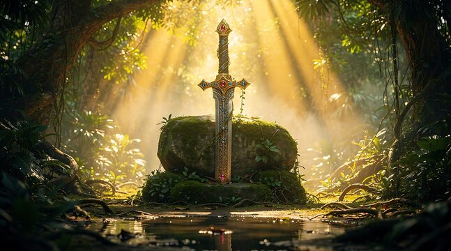 A legendary sword embedded in a mossy stone within a mystical sunlit forest clearing.