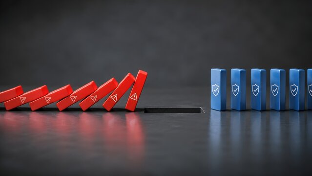 Red falling dominoes with warning signs stopped by a gap, while blue shielded dominoes stand safely, representing business risk mitigation, cybersecurity, and secure strategies.