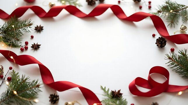 Red ribbon frame with pine branches and holiday decorations arranged on a clean white background with warm glowing fairy lights arranged plain white surface ample copy space center