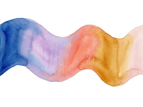 白い背景に描かれた、青から紫、オレンジ、黄色へと滑らかに変化する美しいグラデーションの水彩画の波状のブラシストローク。手描きの質感が特徴的で、デザインのアクセントや背景素材として活用できる、鮮やかで芸術的な抽象的アートワーク。