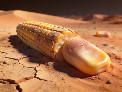 Surreal conceptual art of a corn cob with a human finger tip in a dry desert landscape.