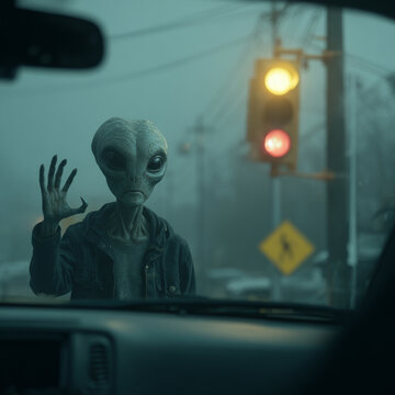 Alien figure standing outside car window with raised hand near traffic light in foggy environment