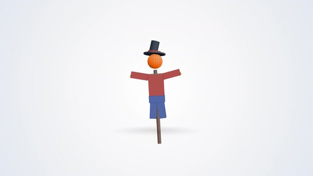 3D Halloween scarecrow with a pumpkin head on a pristine white background. 