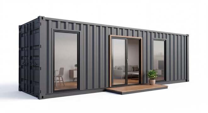 A modern shipping container home with glass sliding doors and a small wooden deck entrance.